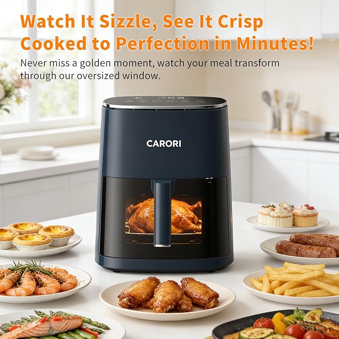 CARORI 6QT Air Fryer with Viewing Window, 12 Cooking Presets, 1700W Fast & Even Cooking, Max 400℉ Crisping, Bake, Roast, Reheat & Dehydrate, Large Nonstick Basket, Dishwasher Safe, Dark Blue