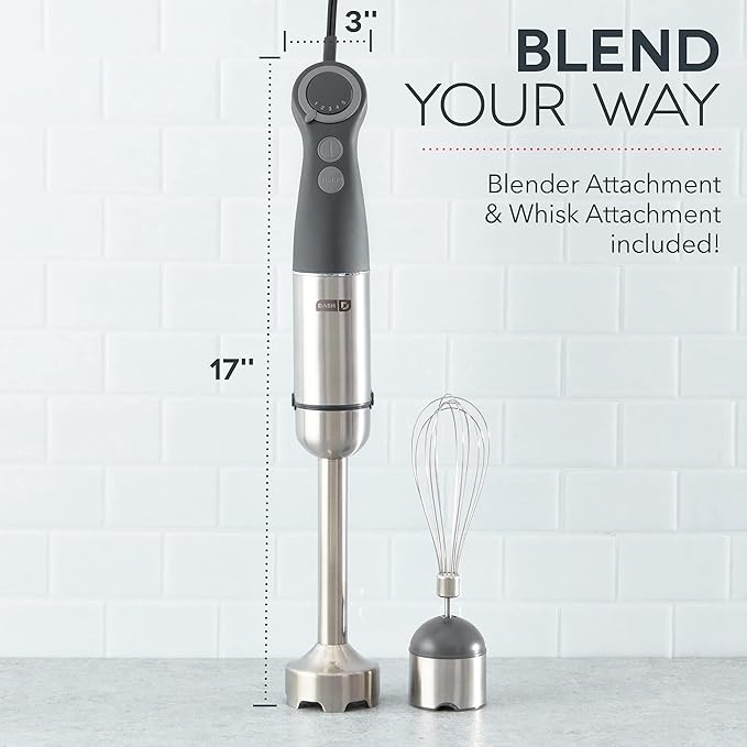 Dash Chef Series Immersion Hand Blender, 5 Speed Stick Blender with Stainless Steel Blades, Whisk Attachment and Recipe Guide – Cool Grey