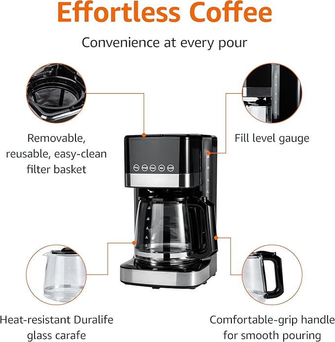 Amazon Basics Programmable 12 Cup Drip Coffee Maker with Glass Coffee Pot (1.9 Qt), Auto Shut-off, Touch Screen, Auto Pause, Removable Filter Basket, Black & Silver