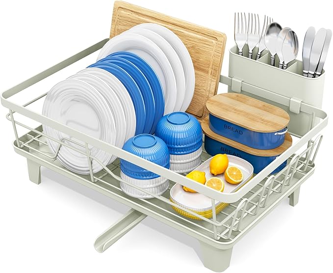 Urackify Dish Drying Rack for Kitchen Counter, Sink Dish Rack with Drainboard, Large Dish Drainer with Cups Holder, Home Countertop Plate Dryer Storage Rack with Cutlery Holder, Soft Celery Green