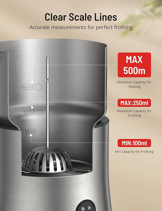 Milk Frother and Steamer, PARIS RHÔNE 4 in 1 Detachable Milk Steamer, 500ml Hot Chocolate Maker and Milk Warmer with Hot & Cold Foam, Dishwasher Safe, All Stainless Steel