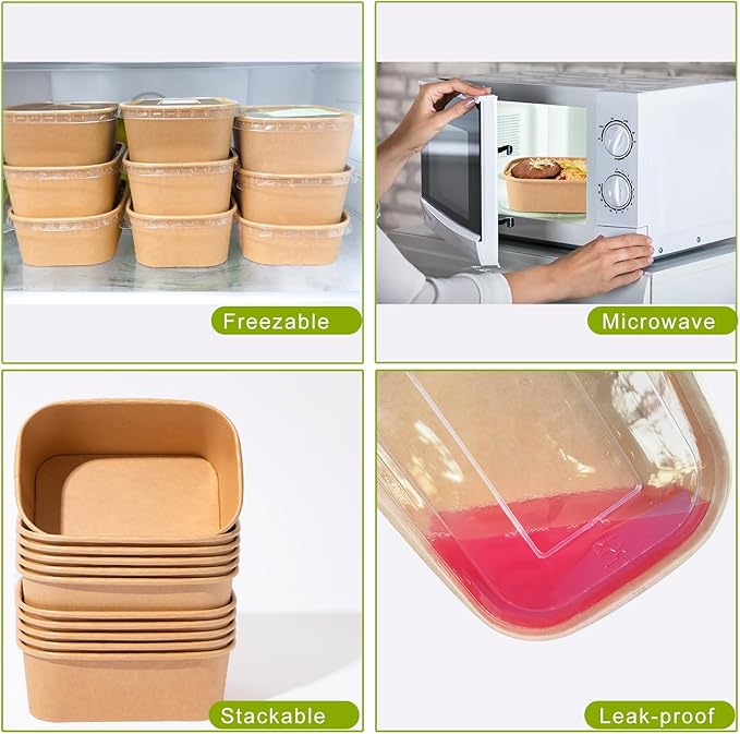 MINCOCO 50 Count Paper Bowls Disposable Meal Prep Containers with Lids【Includes 50 Wooden Forks + 100 Labels】 Salad Food Containers Freezer & Microwave Safe Leakproof Soup Bowls (29 Ounce, 50-Count)