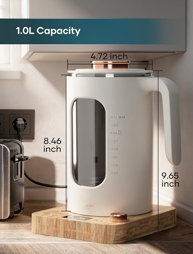 INTASTING Electric Tea Kettle, Electric Kettle with Tea Infuser, ±1℉ Knob Temperature Control, BPA-Free Glass, 1200W Fast Heating, Easy to Clean, 1 Liter (Cream White)