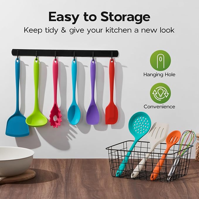 Onader Silicone Kitchen Utensils, Non Toxic Cooking Utensils Set for Nonstick Cookware, Kitchen Gadgets Tools Set of 10 - Colorful