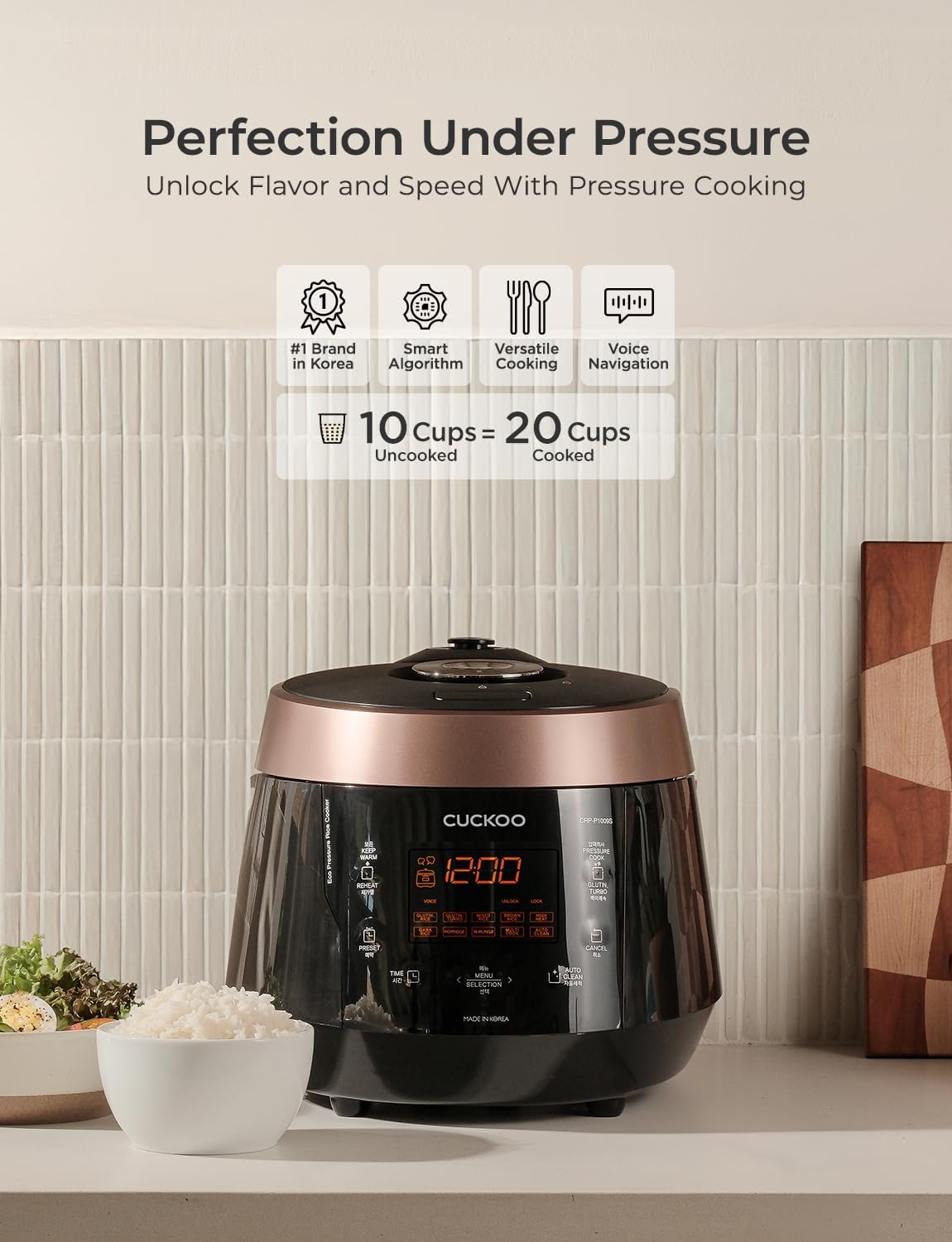 CUCKOO CRP-P1009SB 10-Cup (Uncooked) / 20-Cup (Cooked) Heating Pressure Rice Cooker & Warmer with Nonstick Inner Pot, 13 Menu Modes, Fuzzy Logic Tech, 3 Voice Guide, Auto Clean (Black)