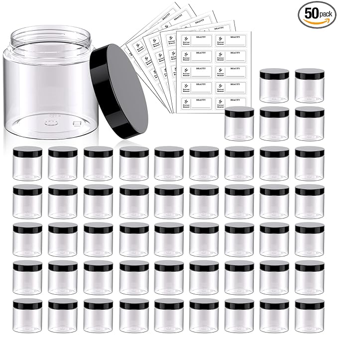 50 Pack 2 OZ Plastic Jars Round Clear Cosmetic Container Jar with Lids, Eternal Moment Plastic Slime Jars for Lotion, Cream, Ointments, Makeup, Eye shadow, Rhinestone, Samples, Pot, Travel Storage