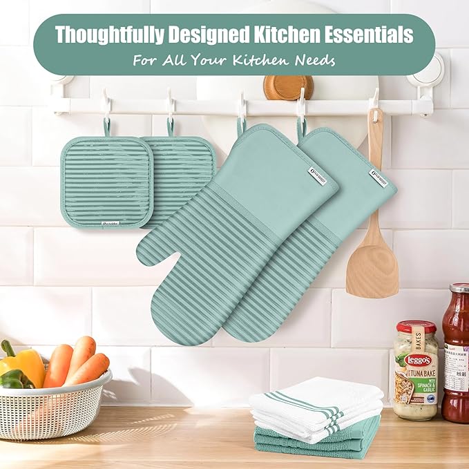 Oven Mitts and Pot Holder Sets with Silicone Grip, 500°F Heat Resistant-6 Pack Dishcloth/Dish Towels for Kitchen 100% Cotton-Value Kitchen Essentials for Cooking, Baking, Grilling-Mint Green