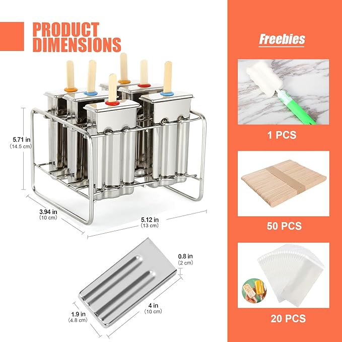 Stainless Steel Popsicle Molds, Set of 6 Ice Cream Maker, Ice Pop Molds With Holder, Metal Reusable Homemade Popsicle Molds with Sticks and Bags (Flat Head, with Slot)