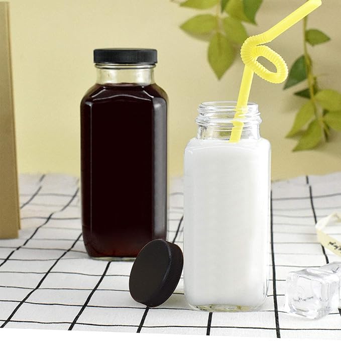 Encheng Beverages Drinking Bottles 12oz,Glass Water Botttle with Lids,Octagonal Vintage 350ml,Juice Bottles for Storage Tea,Kombucha,Milk Smoothies Jars 20Pack