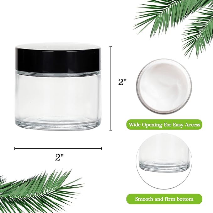 2oz Jars with Lids, HOA Kinh 40 Pack Clear Glass Jars with Lids Empty Cosmetic Containers Round Airtight Glass Jar with Black Lid for Storing Lotions Powders Ointments