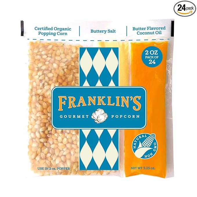Franklin’s Gourmet Popcorn All-In-One Pre-Measured Packs - 2oz. Pack of 24 - Butter Flavored Coconut Oil + Butter Salt Popcorn Seasoning + Organic Corn - Authentic Movie Theater Taste – Made in USA