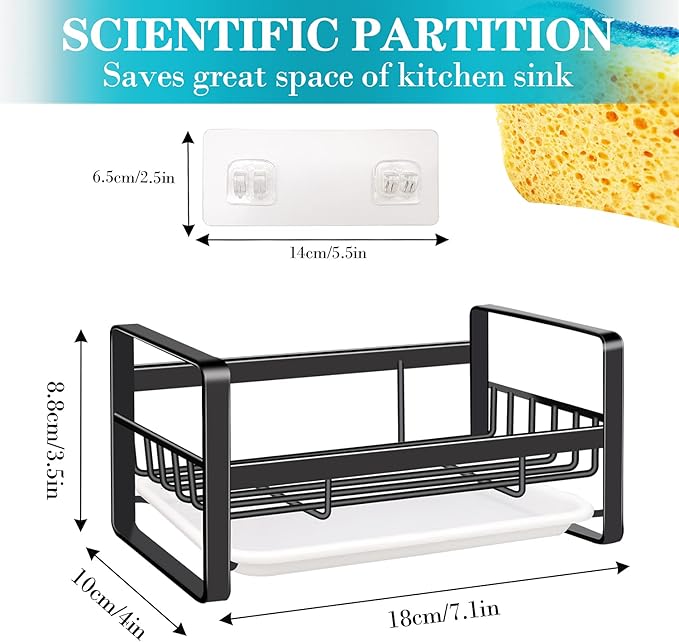 VANTEN Kitchen Sink Caddy Sponge Holder Organizer, Sink Tray Drainer Rack, Soap Dish Dispenser Brush Holder Storage Accessories - Countertop or Adhesive Wall Mount, Matte Black Stainless Steel