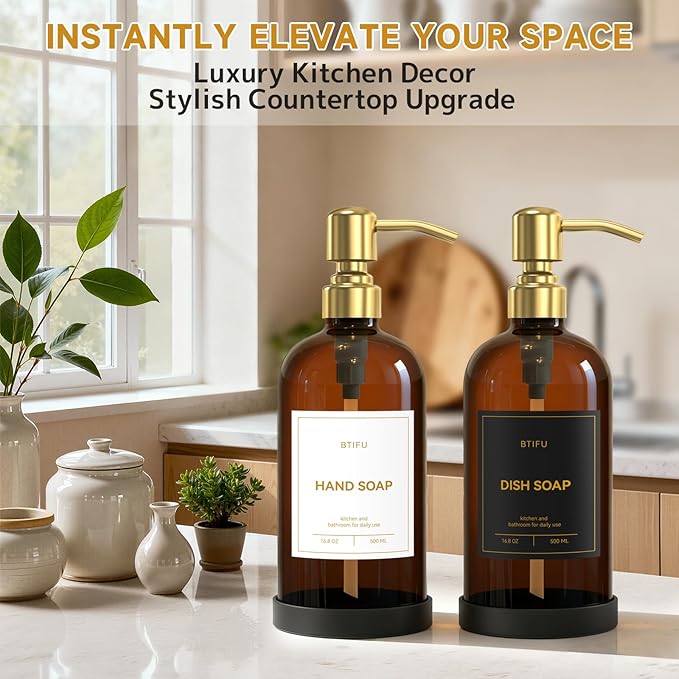 Kitchen Soap Dispenser Set – 16.8oz/500ml Glass Hand and Dish Soap Dispenser with Stainless Steel Pumps & Non-Slip Silicone Base, Luxury Countertop Decor for Home, Airbnb, Office (Amber & Gold)