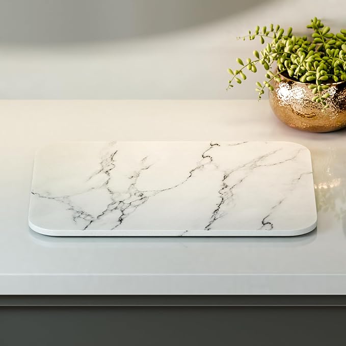 Premium Marble Diatomite Stone Dish Drying Mat, 15.7x11.8 inches, Ultra-Absorbent, Heat & Odor-Resistant, with Anti-Slip Pads & Sanding Tool for Easy Maintenance