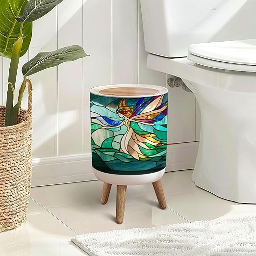 Trash Can with Lid Vibrant Fairy Blossoms Stained Glass Tableaux Press Top Round Small Garbage Bin with Wooden Legs Waste Basket for Kitchen Bedroom Nursery 7L/1.8 Gallon