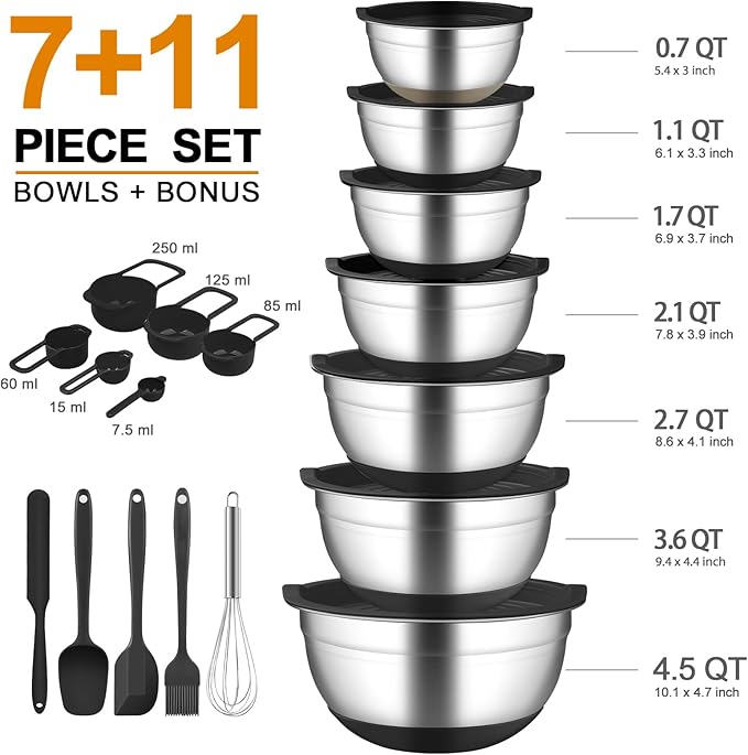 CHAREADA Mixing Bowls with Airtight Lids, 18pcs Stainless Steel Nesting Colorful Mixing Bowls Set Non-slip Silicone Bottom, Size 4.5, 3.6, 2.7, 2.1, 1.7, 1.1, 0.7 qt, Fit for Mixing & Serving (Black)