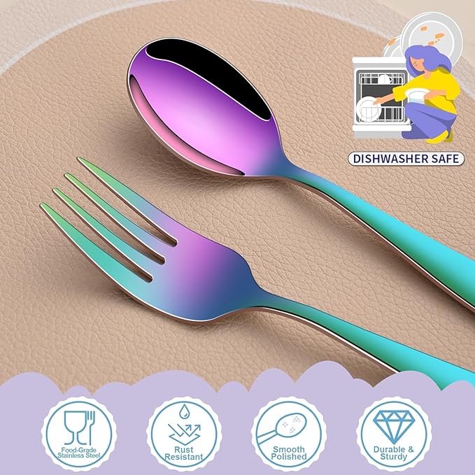DEHOV Rainbow Toddler Eating Utensils Set,Set Of 12 Food Grade Stainless Steel Silverware Sets For Kids,Dishwasher Safe Children Small Metal Spoons And Forks Flatware Sets