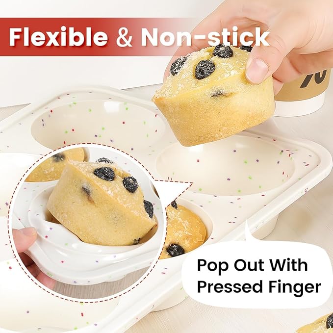 CAKETIME Large Muffin Pan, Metal Reinforced Frame 3.5 Inch Jumbo Silicone Muffin Pan Nonstick 6 Cups for Baking Jumbo Muffin, Frittatas, Jumbo Cupcakes 2 Pack Confetti