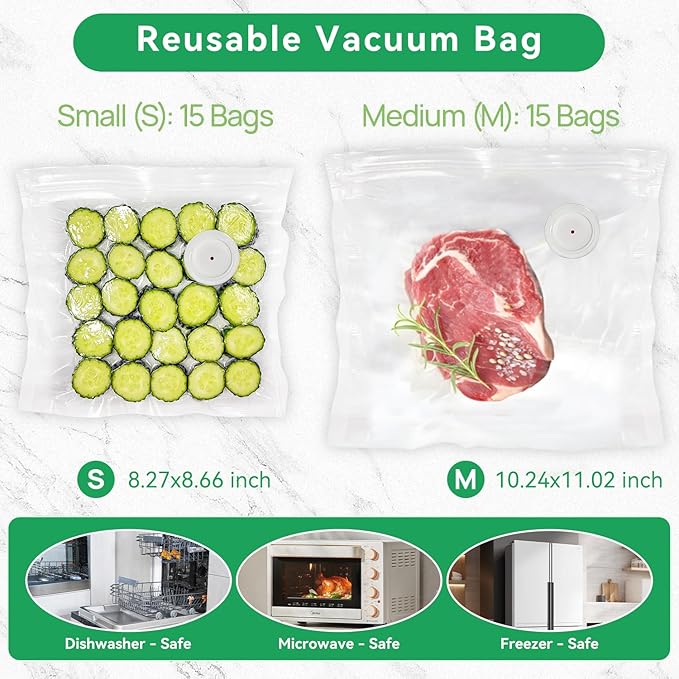 Vacuum Sealer for Food with Visible Water Tank, Handheld Compact Vacuum Sealer,Food Safety and Storage Vacuum Machine with 30 Pcs Reusable Vacuum Bags (White)