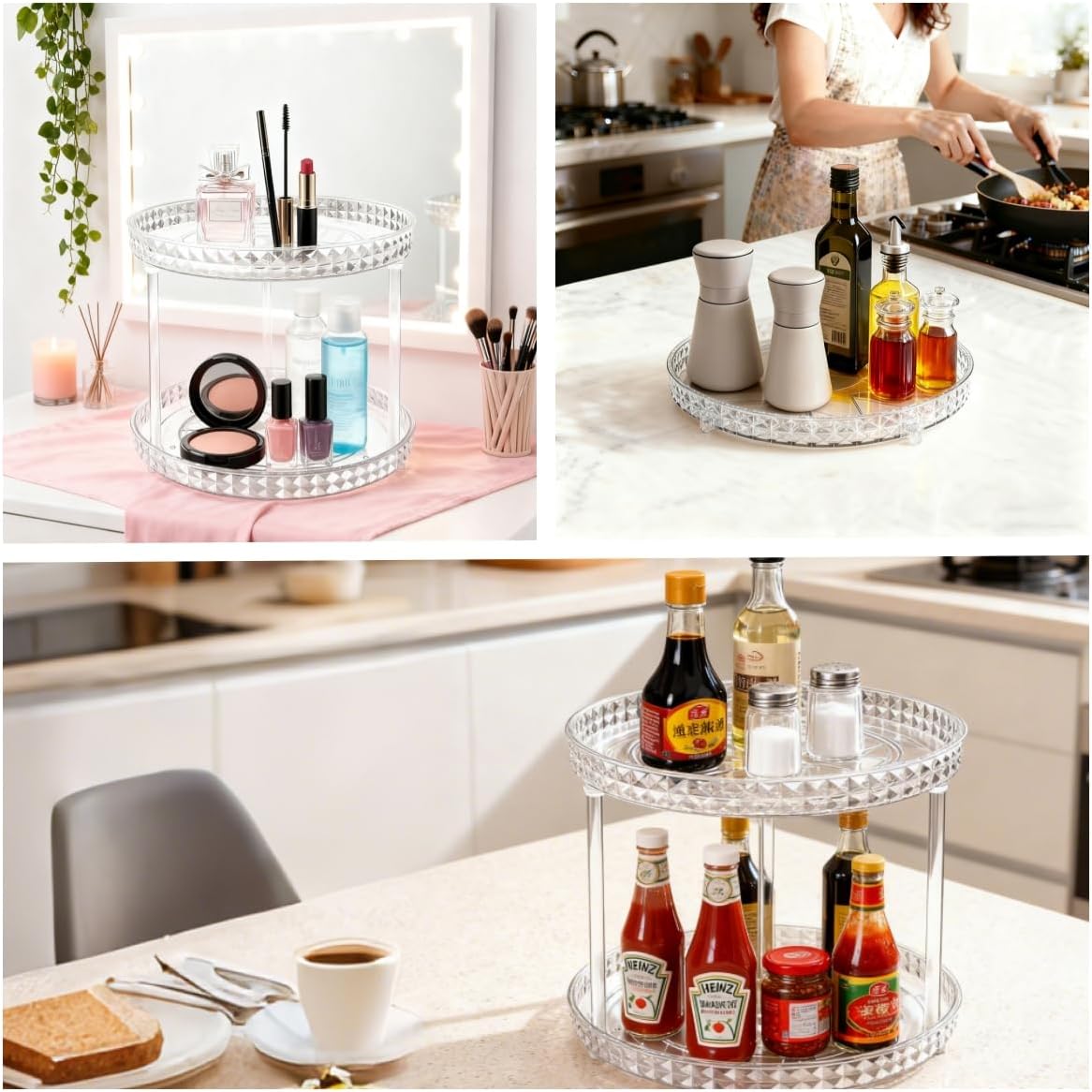 2 Tier Clear Lazy Susan Organizer for Fridge and Cabinet, 360° Rotating Makeup Organizer, Cosmetic Display Cases, Under Sink Turntable Organizer for Kitchen Bathroom Dorm
