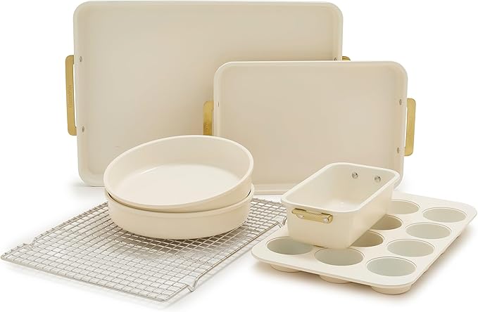 GreenPan Bakeware Set, 7 Piece Nonstick Ceramic Gold Handle Baking Sheets, Cake Pans, Loaf Pan, Muffin Tin, Cooling Rack, PFAS & BPA Free, Freezer to Oven Dish, Bake & Roast Ovenware, Cream