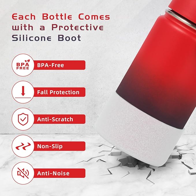 Volhoply 14oz KIds Water Bottle with Straw Lid and Silicone Boot Bulk 2 Pack,Stainless Steel Insulated Cups for Boys & Girls Multipack,Double Wall Vacuum Leakproof Bottles(Red Purple,2)