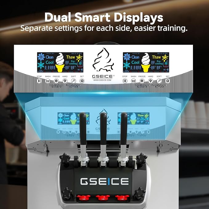 Commercial Soft Serve Ice Cream Machine, 115V Floor Standing, 32-42L/H Output, 2 x 6L Hoppers, True Independent Left/Right System, 2 Compressors, Smart Displays
