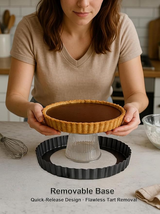 10 Inch Round Quiche Pans with Pie Server. Removable Bottom, Non-Stick Coating, Rugged Carbon Steel for Tart Quiche Pie Cake Baking. Gift for Women Wife Christmas Thanksgiving Party Festival