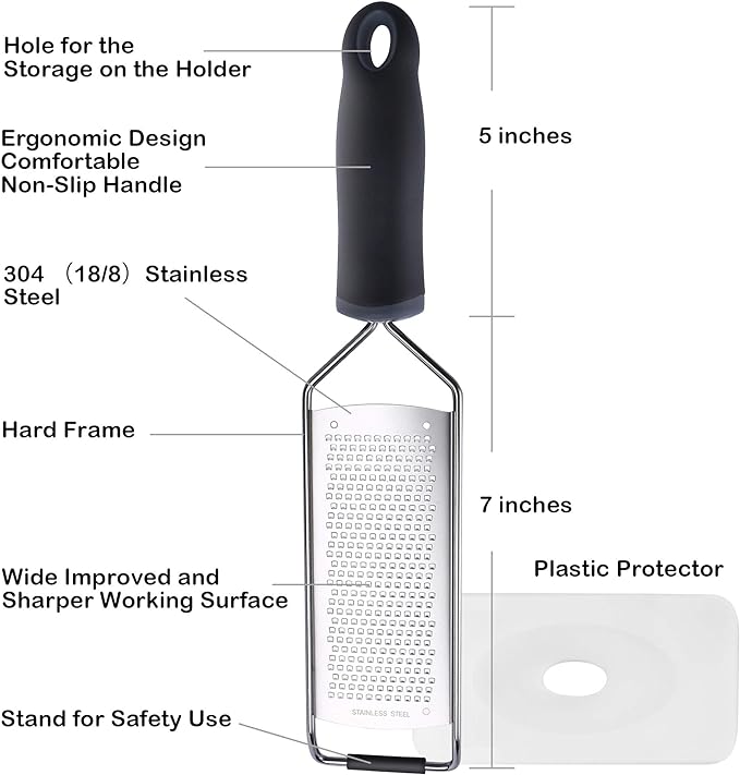 Stainless Steel Cheese Grater, Ergonomic Soft Handle Lemon Ginger Potato Zester with Plastic Cover