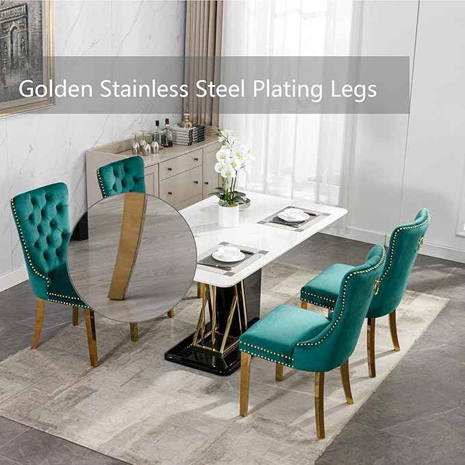 Velvet Dining Chairs Set of 6, Upholstered Dining Room Chairs with Back Ring Pull Trim and Golden Stainless Steel Legs,Modern Kitchen Chairs Perfect for Dining Room,Living Room,Kitchen(Green)