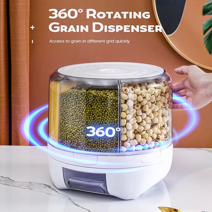Grain Dispenser, 360° Rotating Storage Container, 6 Grid Food Dispenser with Storage Sealed Lid, Rice Dispenser for Grains, Beans, Rice, Peanut, Barley