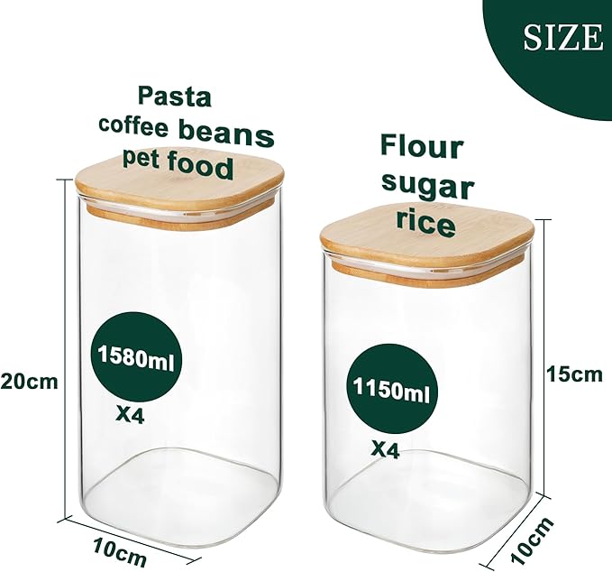 LIBWYS 8-Pack Glass Pantry Storage Containers with Bamboo Lids (1.22Qt/1.67Qt) - Stackable Square Food Jars for Pantry Organization, Coffee, Flour, Snacks, Tea | Kitchen Canisters Set