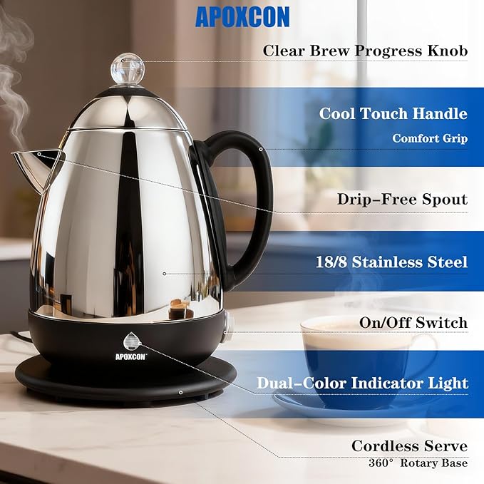 APOXCON Electric Coffee Percolator Stainless Steel Coffee Maker with Clear Brew Progress Knob & Cleaning Brush Auto Keep Warm Cordless Serving elegant design Coffee pot with On/OFF Switch (10 Cup)