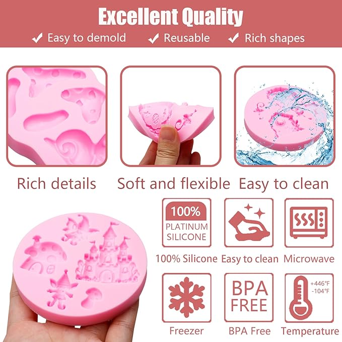 Fairy Garden Silicone Molds 4 Pcs, Mushroom House Fondant Mold, Door Snails Chocolate Mold for Cake Decoration Candy Cupcake Topper Cake Polymer Clay Crafts Epoxy Resin