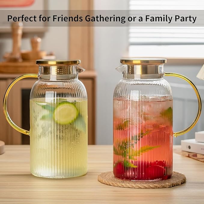 Buaic 2 PACK Glass Pitcher with Lid, 84oz/2.5L Liter Classic Vertical Stripes Water Pitcher,Glass Water Carafe for Cold Brew, Coffee, Lemonade, Iced Tea,Sun Tea, Beverage, Heat Resistant
