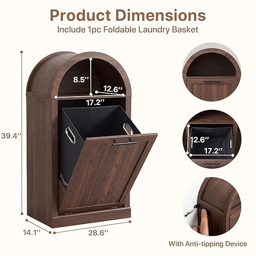 Seang Arched Tilt-Out Trash Can Cabinet,Laundry Hamper Cabinet with Foldable Laundry Basket,Wooden Hidden Garbage Can Cabinets with Metal Handle & Hooks,Walnut