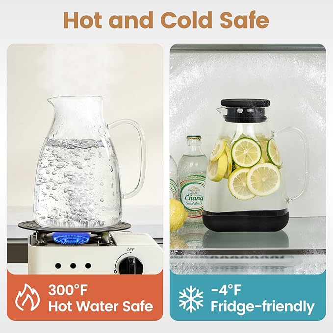 Glass Pitcher with Lid, 68 oz(1/2 Gallon), Hot/Cold Glass Water Jug with Silicone Lid, Borosilicate Glass Carafe Wide Mouth Juice and Iced Tea Beverage Serveware (Flat)