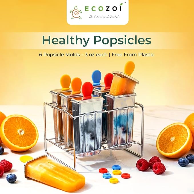 Ecozoi Stainless Steel Popsicle Molds – Reusable Metal Paleta Maker Set with 6 Molds, 6 Sticks, 12 Silicone Seals & Cleaning Brush – Easy Release Ice Pop Maker for Kids & Adults, 3 oz Each