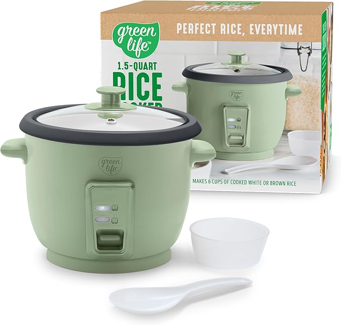 GreenLife Rice Cooker with Removable PFAS-Free Ceramic Nonstick Pot, 3-Cups Uncooked/6-Cups Cooked, Grains & Oatmeal Multicooker, Compact One-Switch Design, Auto Keep Warm, Easy Clean, Sage Green