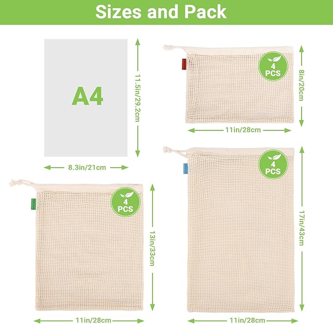 Pack of 12 Reusable Grocery Bags, 3 Sizes (4xS+4xM+4xL) Reusable Shopping Bags Heavy Duty Cotton Bags Mesh Bags for Vegetables, Enhanced Closure Edge, Double Stitched, with Tare Weight