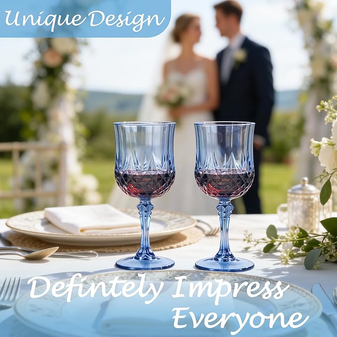 Plastic Wine Glasses, Plastic Goblets Vintage Style Cordial Unbreakable Drinking Glasses,Reusable Drinkware for Wedding Reception, Grand Event Party Supplies(12, Blue)