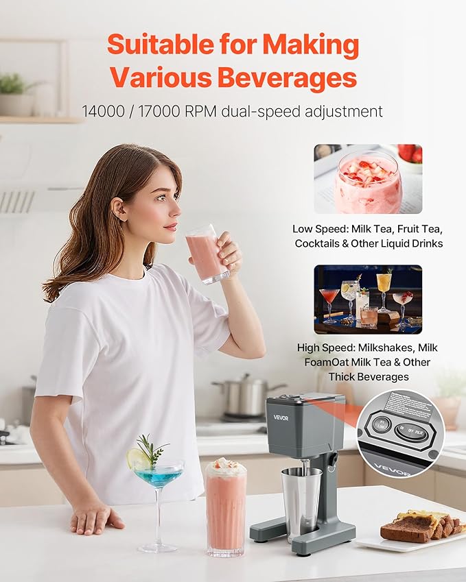 VEVOR Milkshake Maker, 150W Single Head Milkshaking Machine, Height Ajustable, Dual-Speed Adjustment Drink Mixer Blender with 820ml Stainless Steel Cup, for Home, Kitchen, Bar & Beverage Shop