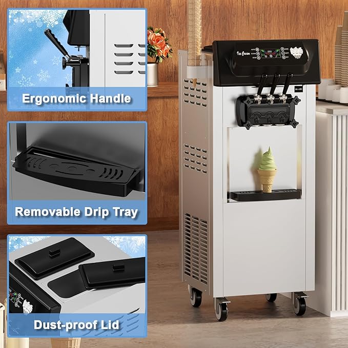 PioneerWorks Commercial Ice Cream Machine, 20-28L/H Yield, 2200W 7L X 2 Capacity, LCD Display, Auto Clean Adjustable Hardness 3 Flavor for Restaurant Snack Bars
