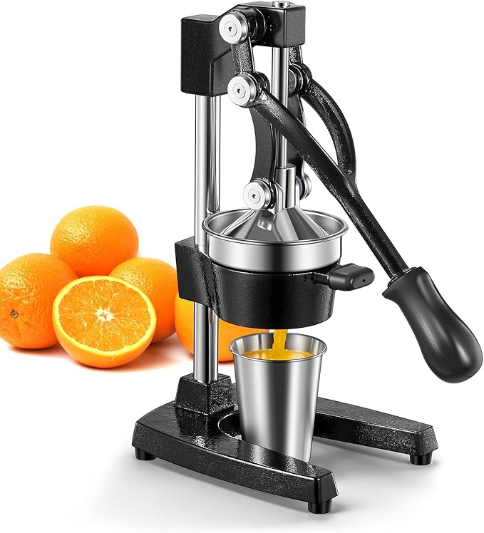 QCen Professional Cast Iron Manual Juicer, Heavy Duty Citrus Press with Stainless Steel Strainer, Easy-to-Clean Hand Squeezer for Orange, Lemon, Lime and Grapefruit - Black (Black)