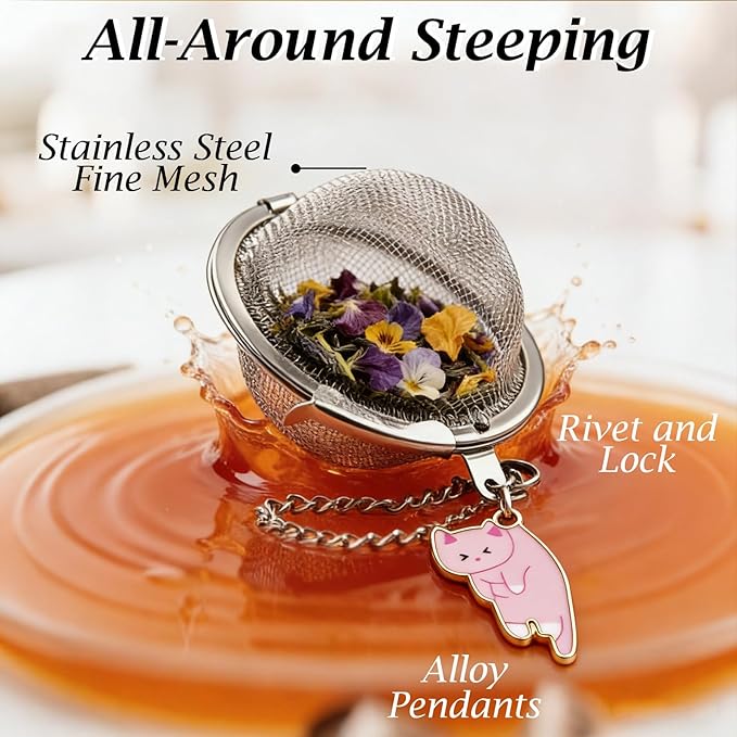 Cat Tea Infuser Set 2PCS, Loose Leaf Tea Strainers with Cute Alloy Charm, Stainless Steel Mesh Steeper for Flower Fruits Spices Herbal Tea and Cold Brew