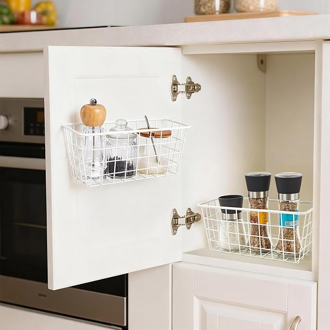 LeleCAT Hanging Kitchen Baskets For Storage Adhesive Sturdy Small Wire Storage Baskets No Drilling Wall Mounted Kitchen Food Pantry Bathroom Shelf Storage, 4 PACK,White