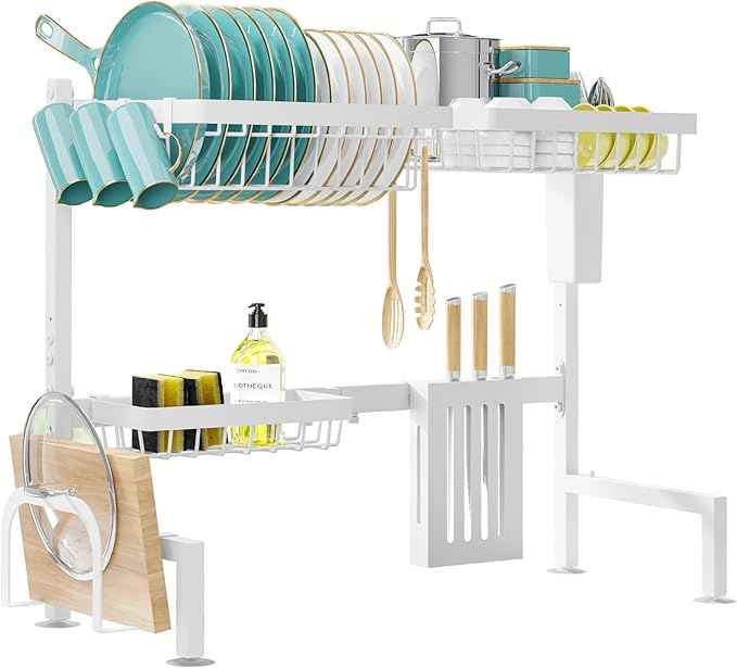 Over The Sink Dish Drying Rack - Adjustable 2 Tier Large Capacity Stainless Steel Drainer with Cutlery & Utensil Holders, Kitchen Storage & Organization, 30"-33.9" L x 11" W x 21.5" H, White