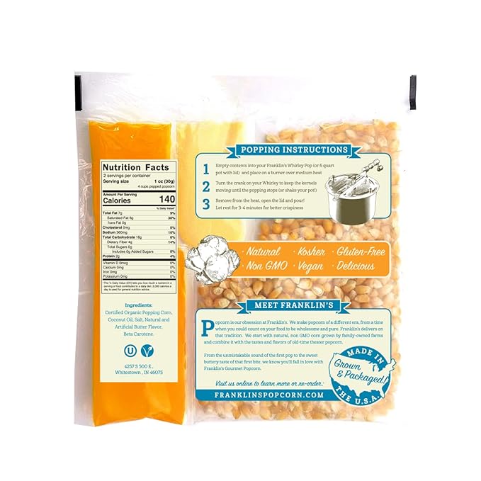 Franklin's Gourmet Popcorn All-In-One Popcorn Packs for Popcorn Machine - 2oz Pack of 10 - Packs of Organic Corn Kernels with Buttery Salt & Oil | Made in USA