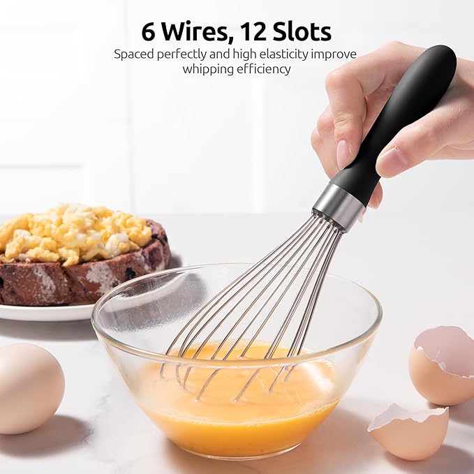 U-Taste 9" Small Egg Whisk: 18/10 Stainless Steel Kitchen Cooking Wire Balloon Wisk, Heavy Duty Metal Beater Stirrer, Manual Baking Tool with 6 Flex Wires for Hand Mixing, Blending Sauce (Black)