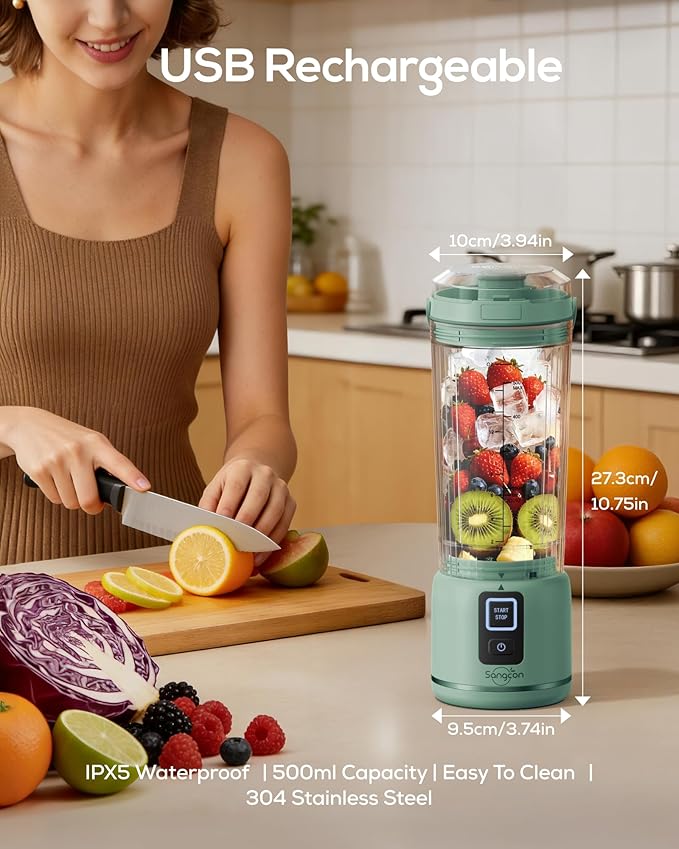 Sangcon Personal Portable Blender for Shakes & Smoothies, 6000mAh Cordless USB-C Rechargeable Blender with 2 Blend Modes, Leakproof Travel Lid, Dishwasher Safe, Ideal for Gym Office Kitchen, BPA-Free